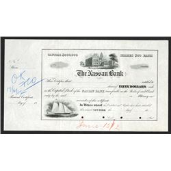 Nassau Bank. 1882 Unique Approval Proof Stock Certificate.