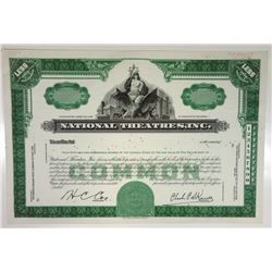 National Theaters, Inc. 1952 Approval Proof Stock Certificate