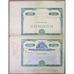 American Broadcasting Co., Inc., 1950's, Unique Proof Mockup Stock Certificate & Undertint