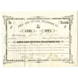 Ames and Nevada Telephone Co. 1881 I/U Stock Certificate.