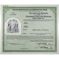 Validation Board for German Dollar Bonds, Free State of Prussia, 1927 (Issued in 1953) Specimen Cert