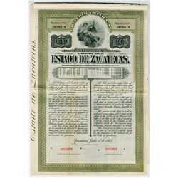 Estado de Zacatecas, 1907 1000 Pesos Letter E Specimen Bond.