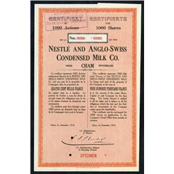 World War I Emergency Certificate. Nestle and Anglo-Swiss Condensed Milk Co. Specimen Shares. 1918
