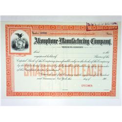 Akouphone Manufacturing Co., 190x Specimen Stock Certificate