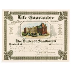 Burleson Sanitarium. 1921. Life Guarantee Certificate.