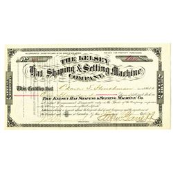 Kelsey Hat Shaping & Setting Machine Co., 1884 Stock Certificate