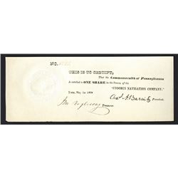 Codorus Navigation Company, 1838 I/U Stock Certificate Signed by Charles A. Barnitz