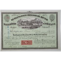 Burlington and Missouri River Railroad Co. 1871 I/C Stock Certificate