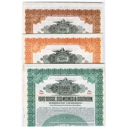 Fort Dodge, Des Moines & Southern Railway Co., 1913 Specimen Bond Trio.