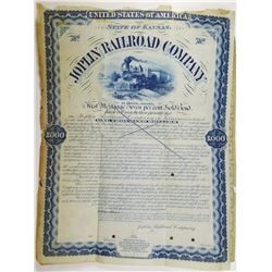 Joplin Railroad Co. 1880 Unique Unlisted Specimen Bond Rarity
