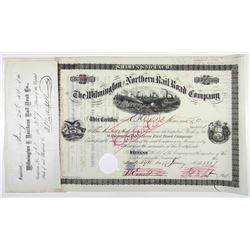 Wilmington and Northern Rail Road Co. 1881. I/C Stock Certificate.