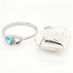 Silver Blue Topaz Heart Shaped Pendant And Ring Set, Suggested Retail Value $200 (Estimated Selling 
