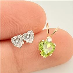 14K Gold Peridot(0.4ct) Diamond(CZct) Heart Shaped Yellow Gold Pendant And Whie Gold Stud Earring Se