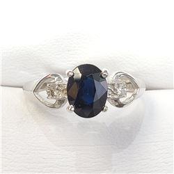 10K White Gold Sapphire(1.41ct) Diamond(0.03ct) Claw Setting, 1 Blue Sapphire,2 Diamond(Si,G-H) Ring