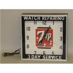 VINTAGE 7-UP ADVERTISING ELECTRIC WALL CLOCK W/ PAINTED GLAS
