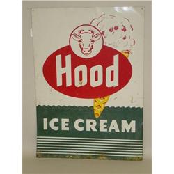 VINTAGE HOOD ICE CREAM TIN ADVERTISING SIGN W/ CONE & COW (2