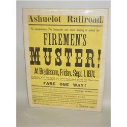 1871 ASHUELOT RAILROAD BROADSIDE "TO ACCOMMODATE FIRE COMPAN