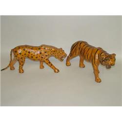 (2) LEATHER COVERED & PAINT DECORATED PAPIER MACHE JUNGLE CA