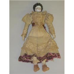 14" CHINA SHOULDER HEAD DOLL W/ CLOTH BODY, KID HANDS & PROP