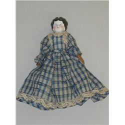 8 1/2" CHINA HEAD DOLL W/ CLOTH BODY, LEATHER HANDS & PROPER