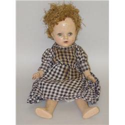 13" COMPOSITION DOLL W/ OPEN MOUTH W/ OLD PAPER CLOTHING-MAR