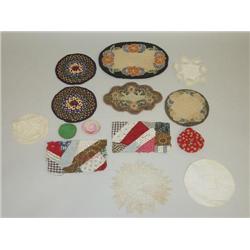 LOT OF DOLL ACCESSORIES, RUGS, QUILTS, ETC.