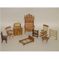 TRAY LOT WOODEN DOLL FURNITURE INCLUDING CHAIRS, CUPBOARDS, 