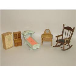 TRAY LOT OF WOODEN DOLL FURNITURE & BLUE PAINTED HOODED DOLL