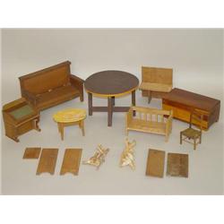 TRAY LOT WOODEN DOLL FURNITURE TO INCLUDE CEDAR CHEST SETTEE