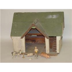 LATE 19TH-EARLY 20TH CENT. PAINTED WOODEN TOY BARN W/ CONTEN