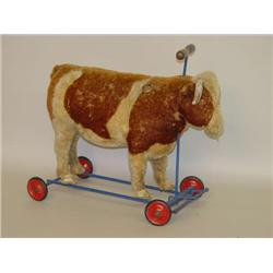 20" STEIFF RIDE-ON COW STUFFED TOY ON WHEELS W/ NOISEMAKER (
