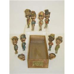 SET EARLY WOODEN TEN PIN FIGURES W/ PAPER LITHO COVERING-GOB
