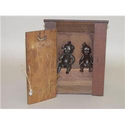 WOODEN CHILDS TOY OUTHOUSE W/ 2 JAPANESE BISQUE BLACK JOINTE