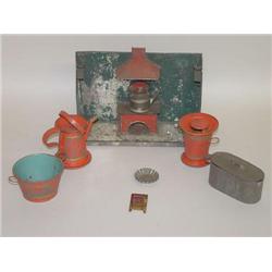 EARLY PAINTED TIN TOY KITCHEN, TOGETHER W/ 3 PC. PAINTED TIN