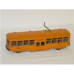 14" KINGSBURY #783 PRESSED STEEL TROLLEY CAR W/ BLACK RUBBER