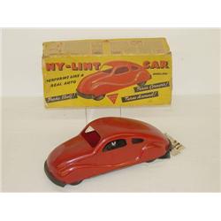13" NY-LINT RED PRESSED STEEL WIND-UP CAR W/ ORIGINAL BOX