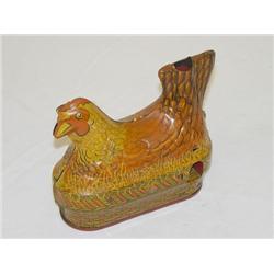 5 1/2" BALDWIN TIN LITHO WIND-UP EGG LAYING CHICKEN W/ GLASS