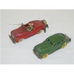 (2) 5" JAPANESE TIN CARS: (1) GREEN FRICTION COUPE & (1) RED