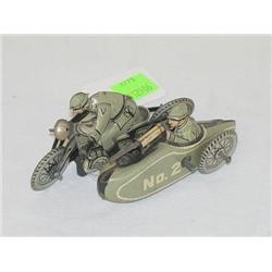 4" ARMY TIN LITHO MILITARY POLICE KEY WIND MOTORCYCLE W/ SID