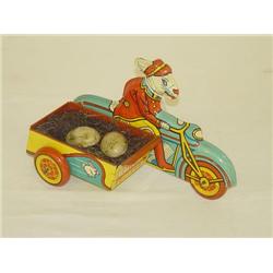 9 1/2" WYANDOTTE HAPPY EASTER RABBIT ON MOTORCYCLE W/ DELIVE
