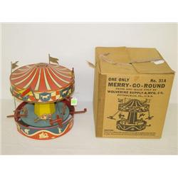12" WOLVERINE TIN LITHO MECHANICAL MERRY-GO-ROUND W/ HORSES 
