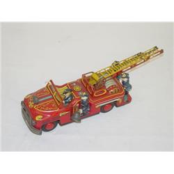 10" JAPANESE TIN LITHO FRICTION FIRE ENGINE W/ LADDER & 4 FI