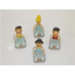 (4) MARX 4" TIN LITHO & PLASTIC JAPANESE FRICTION CARS W/ "F