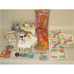 BOX OF MISC. TOYS INCLUDING STUFFED CHRISTMAS STOCKING, (4) 