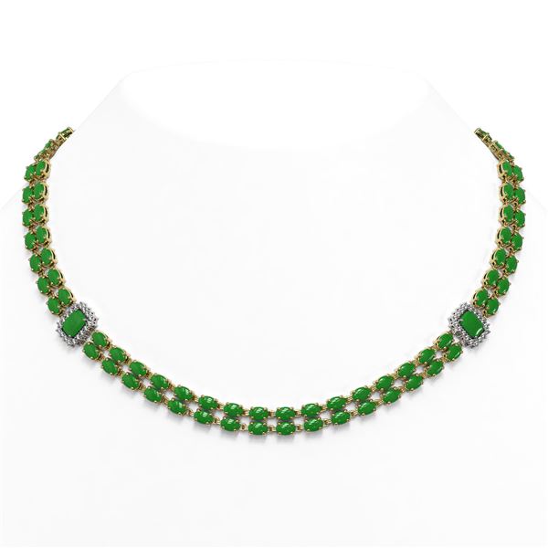 27.5 ctw Jade & Diamond Necklace 14K Yellow Gold - REF-436W4H