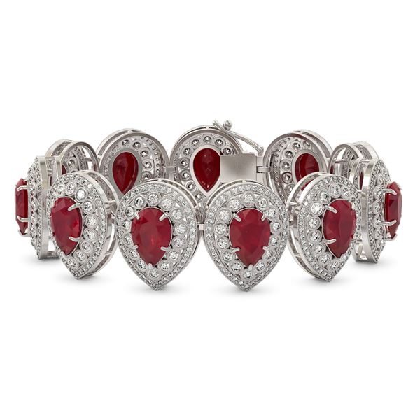 56.04 ctw Certified Ruby & Diamond Victorian Bracelet 14K White Gold - REF-1520H8R