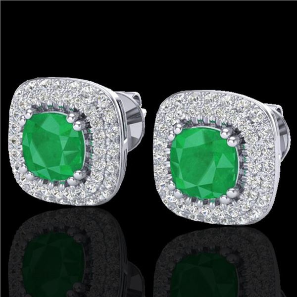 2.16 ctw Emerald & Micro VS/SI Diamond Earrings Halo 18k White Gold - REF-105N6F
