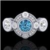 Image 2 : 1.51 ctw Intense Blue Diamond Art Deco 3 Stone Ring 18k White Gold - REF-218M2G