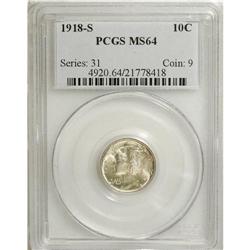 1918-S 10C MS64 PCGS. PCGS Population (92/41). NGC