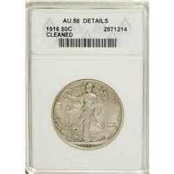 1916 50C --Cleaned--ANACS. AU58 Details. NGC Census